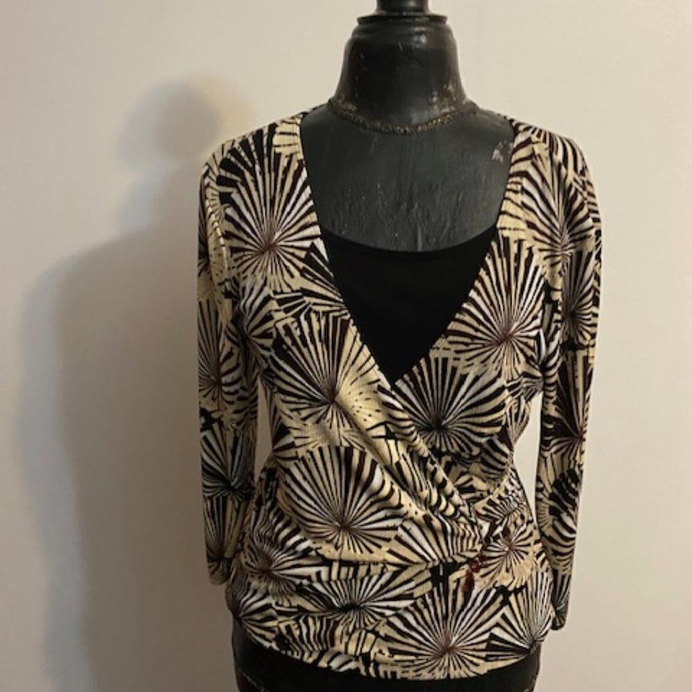 Notations Brown/Black/Tan geometric wrap front blouse, size S
